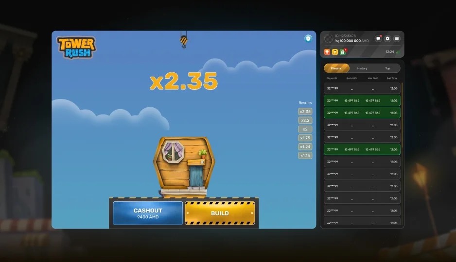 Original Tower Rush screen showing a built floor, x2.35 result, Cashout button, and Build button